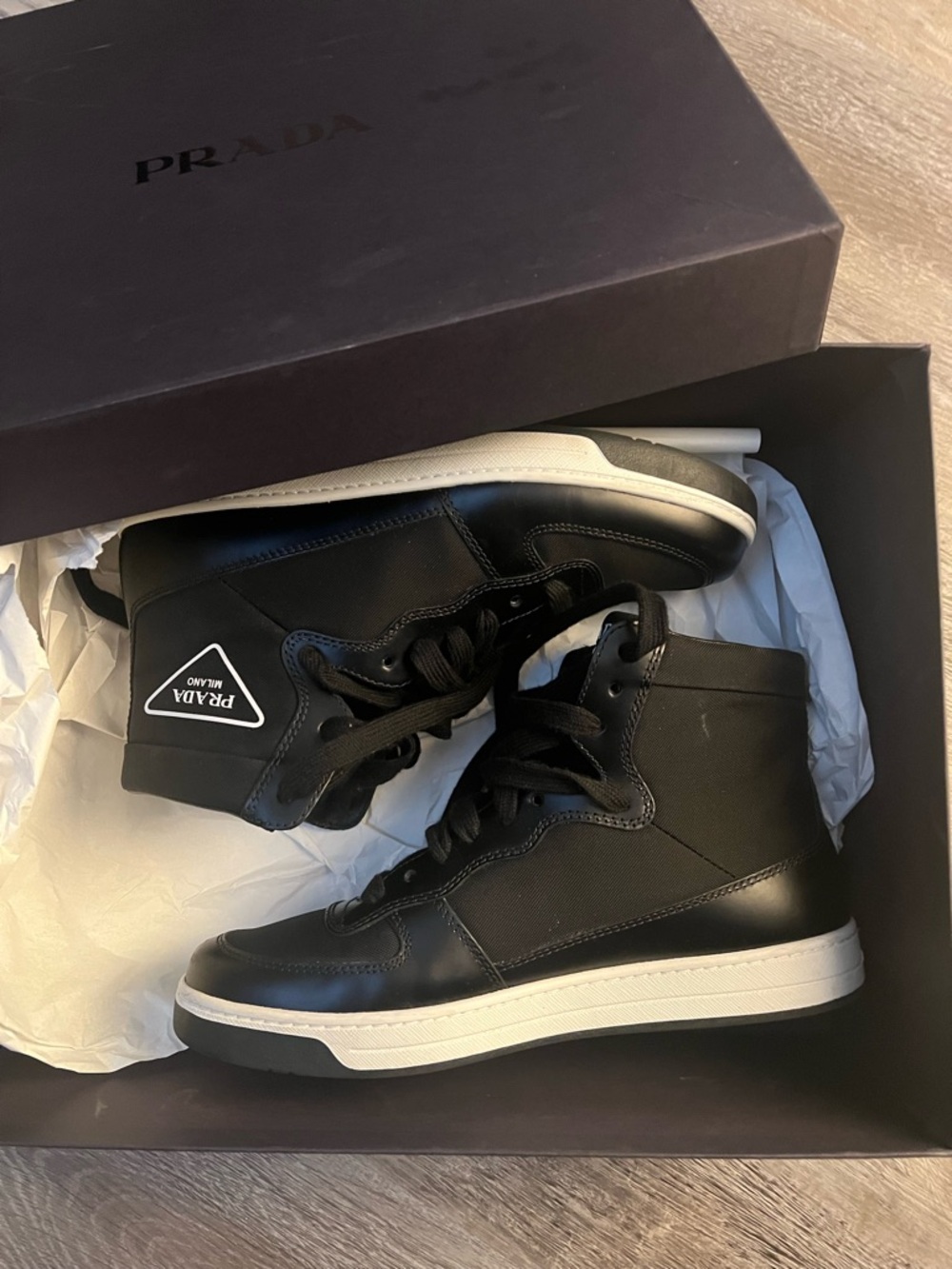 Prada Men's Black and White High-Top Sneakers size 36(6) - Picture 10 of 11